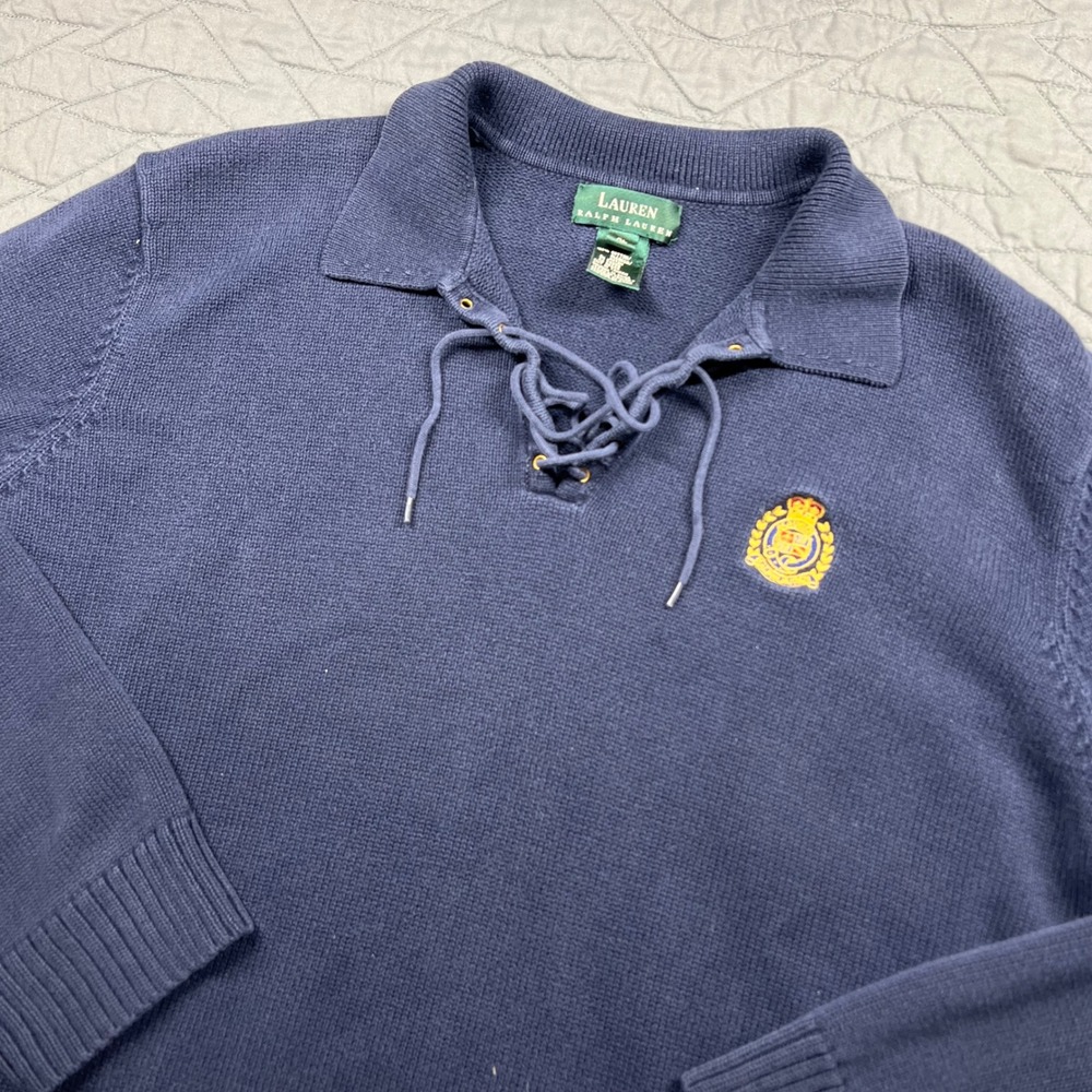 Lauren Ralph Lauren Navy Blue Lace Up Collar Crest Emblem Knit Sweater Womens XL